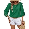 thumbnail image 3 of Round Neck Lace Irregular Three-Quarter Sleeve Top Green M, 3 of 8