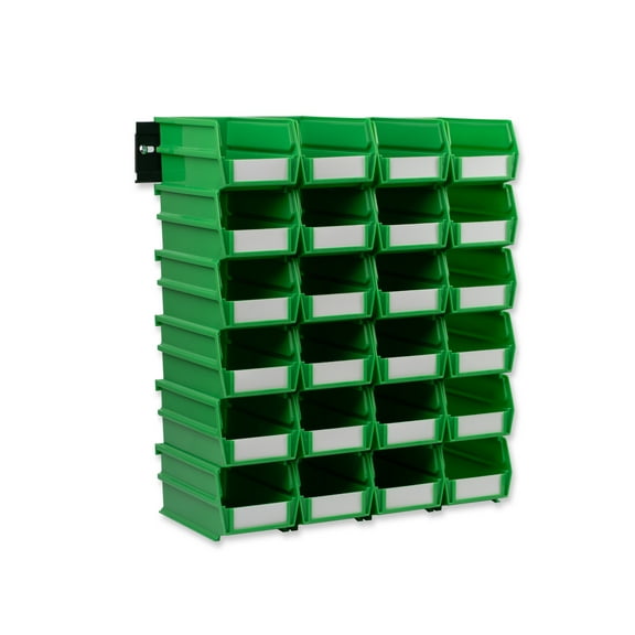 26 Pc Wall Storage Unit with 7-3/8 In. L x 4-1/8 In. W x 3 In. H Green Interlocking Poly Bins, 24 CT, Wall Mount Rails 8-3/4 In. L with Hardware, 2 Pk