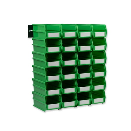 

26 Pc Wall Storage Unit with 7-3/8 In. L x 4-1/8 In. W x 3 In. H Green Interlocking Poly Bins 24 CT Wall Mount Rails 8-3/4 In. L with Hardware 2 Pk