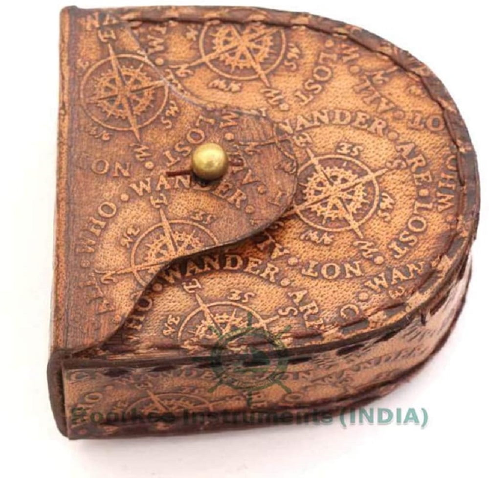Roorkee Instruments India Brass Golden Colored Engraved Compass with Imprinted Case