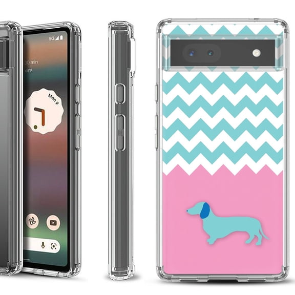 Shockproof Bumper Phone Case for Google Pixel 6a, by OneToughShield ® - Chevron/Dachshund/Puppy