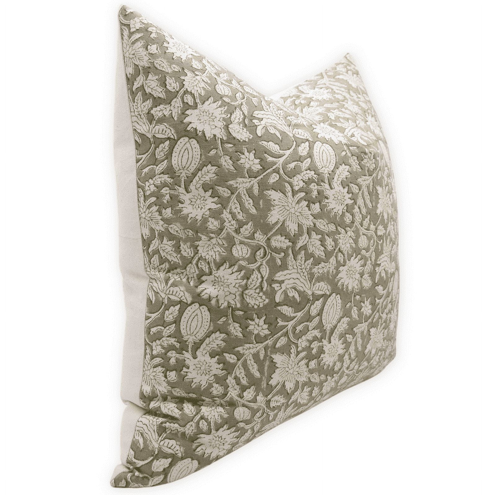 Fabdivine Block Print Throw Pillow Cover, 16x16 Inch Duck Canvas Decorative Cushion Cover, Floral Print Boho Design Green Pillow Cover for Sofa and Couch