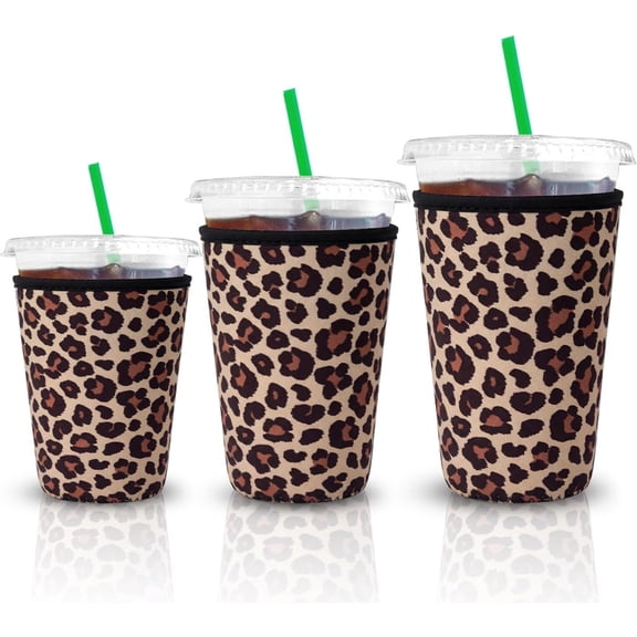 3Pack Leopard Iced Coffee Insulator Sleeve for Cold Beverages | Neoprene Coffee Coolies sleeves for Iced & Hot Drinks, Drink Sleeve Compatible with Coffee