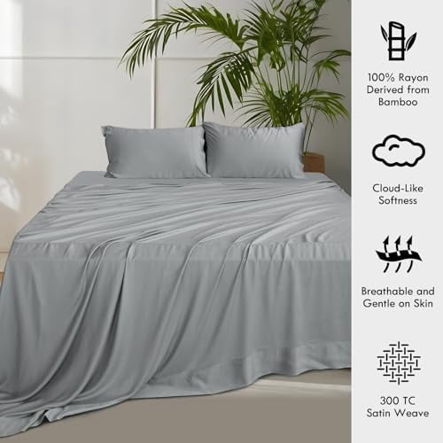 ClevaHome 4-Piece Queen Bamboo Bed Sheet Set, 100% Organic Cooling Fabric, 16" Deep Pocket, Silver