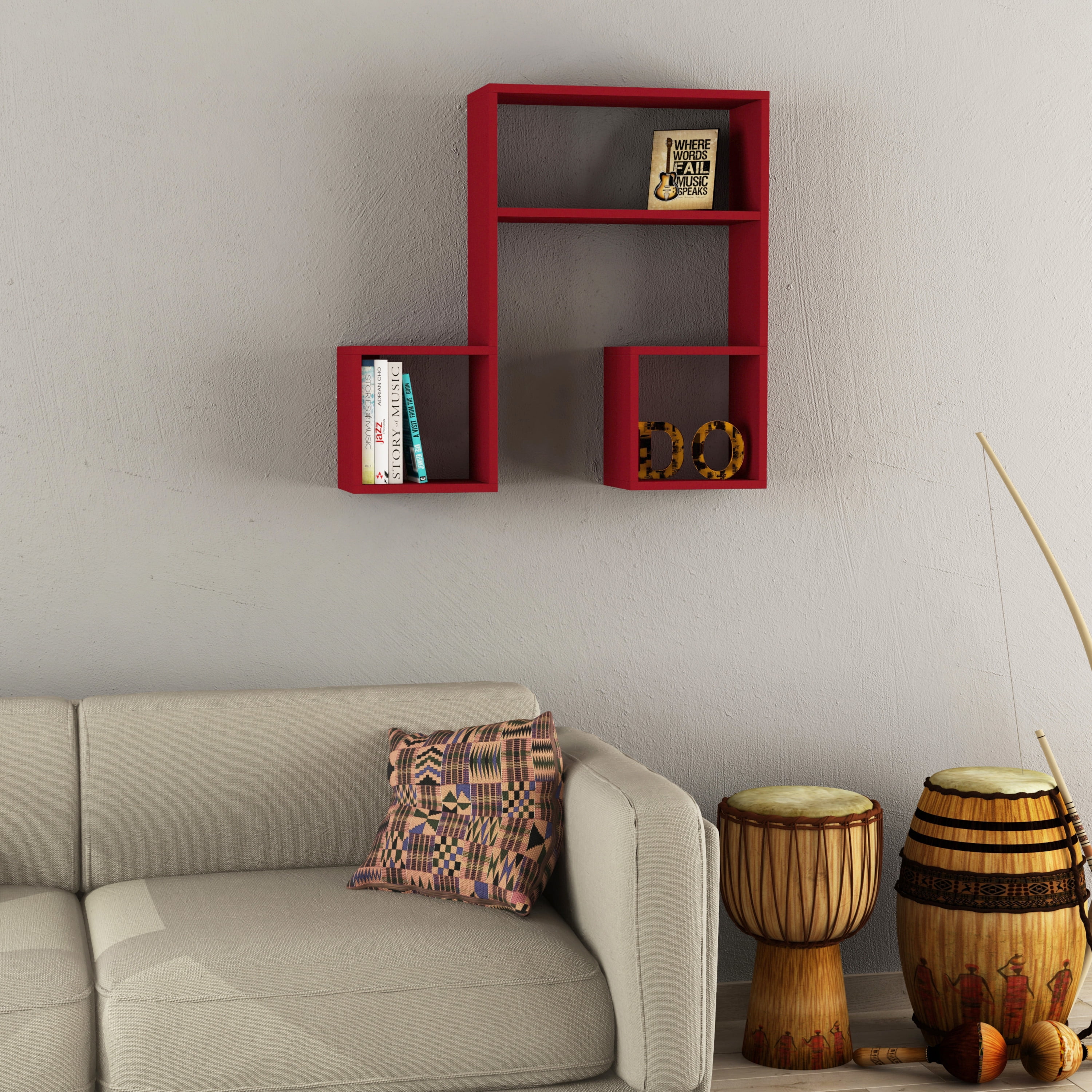 Ada Home Decor Furniture 34.65" 3 Tier Burgundy Wiola Modern Wall Shelf