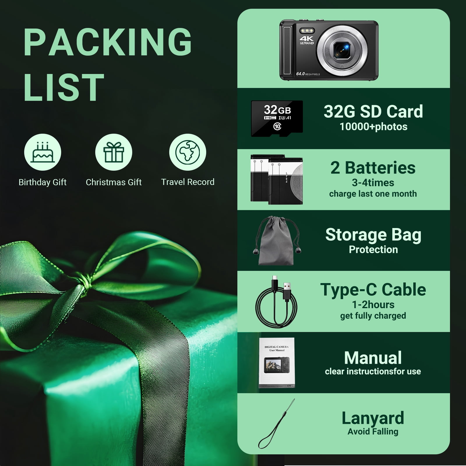 MARVUE Digital Camera 4K UHD 64MP 16X Digital Zoom Autofocus Compact Camera with 32GB SD Card