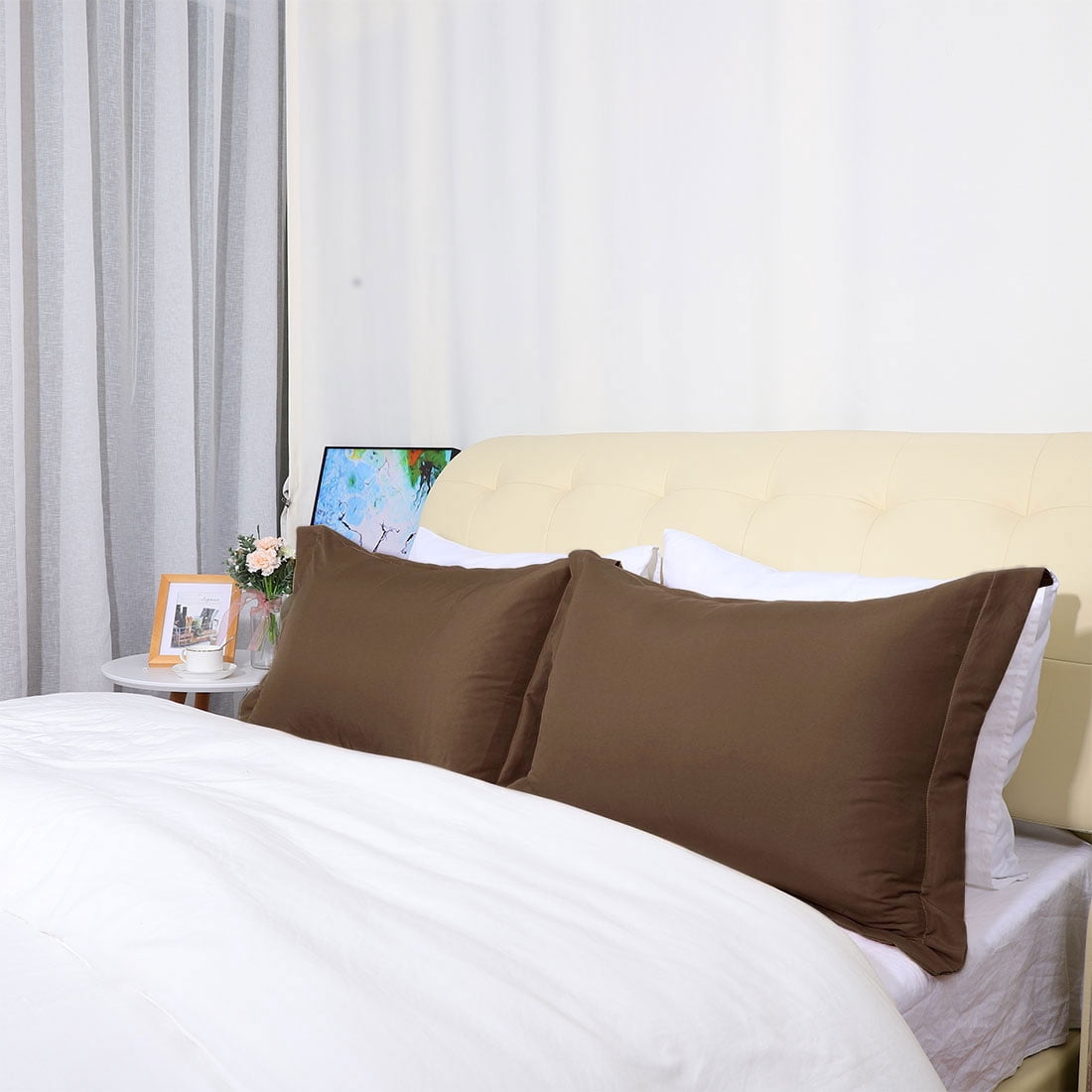 Unique Bargains Pillowcases Soft Microfiber Pillow Shams Set of 2 Queen Brown