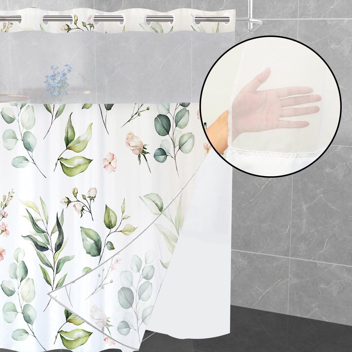Dznils White No Hook Fabric Shower Curtain with Snap-in Liner, 72" x 74", Green Floral Patterned