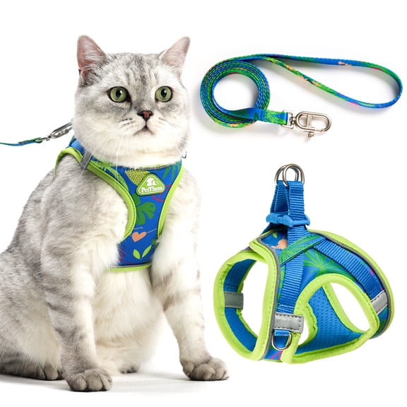 PetThem Cat Harness and Leash Escape Proof, Soft Mesh Vest for Kittens & Adult Cats, Adjustable Step-in Reflective Cat Harness for Walking, Hawaii Green, XS