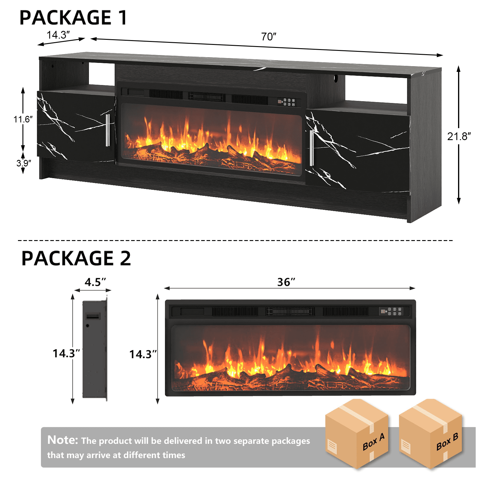 Rocyis 70” TV Stand with 3D Realistic Log Flame Electric Fireplace, Entertainment Center for TVs Up to 80-Inch, Modern TV Console with High Glossy Doors & LED Lights, Marble