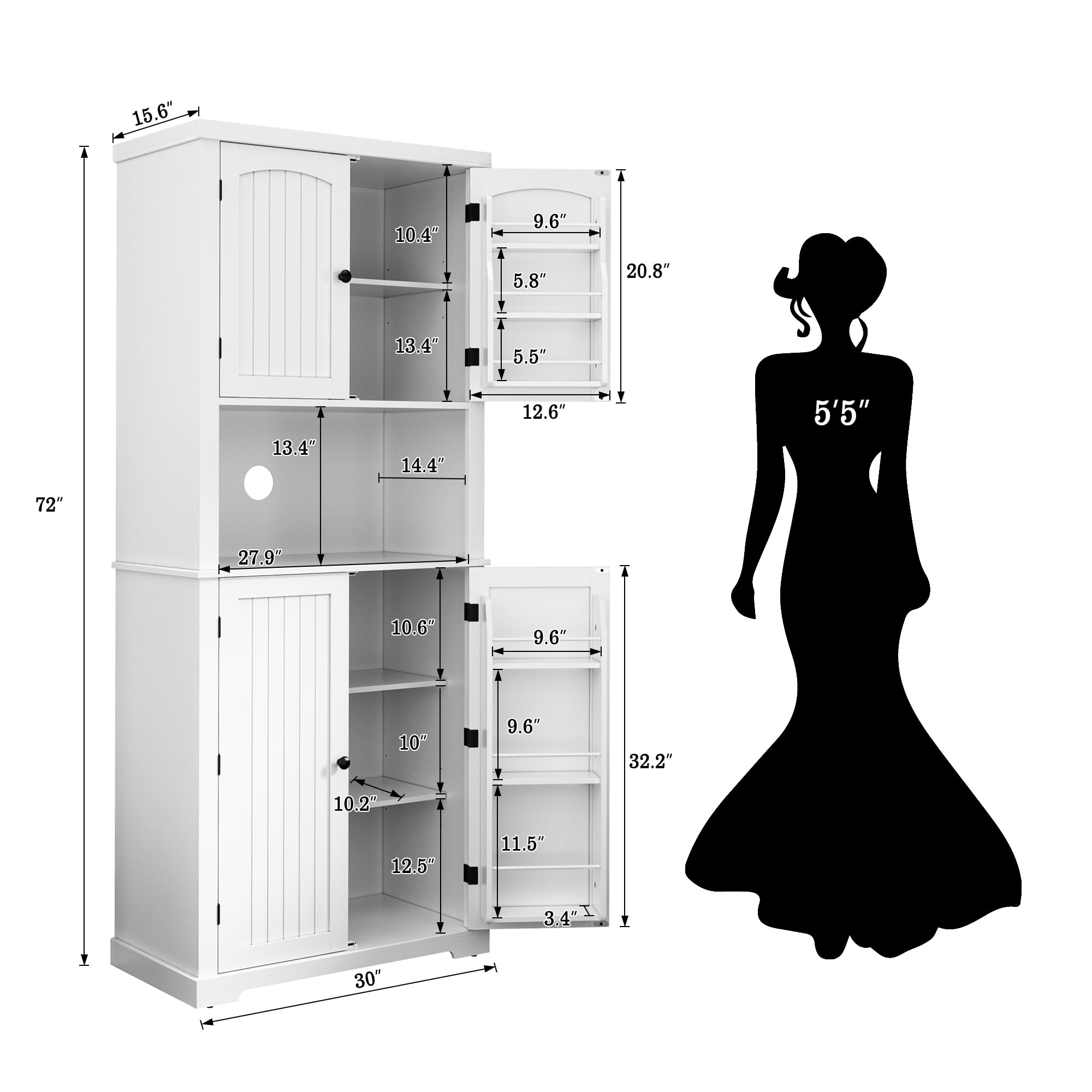 HLR 72" Kitchen Pantry Cabinet, Freestanding Pantry Storage Cabinet with Hutch & Shelves, White