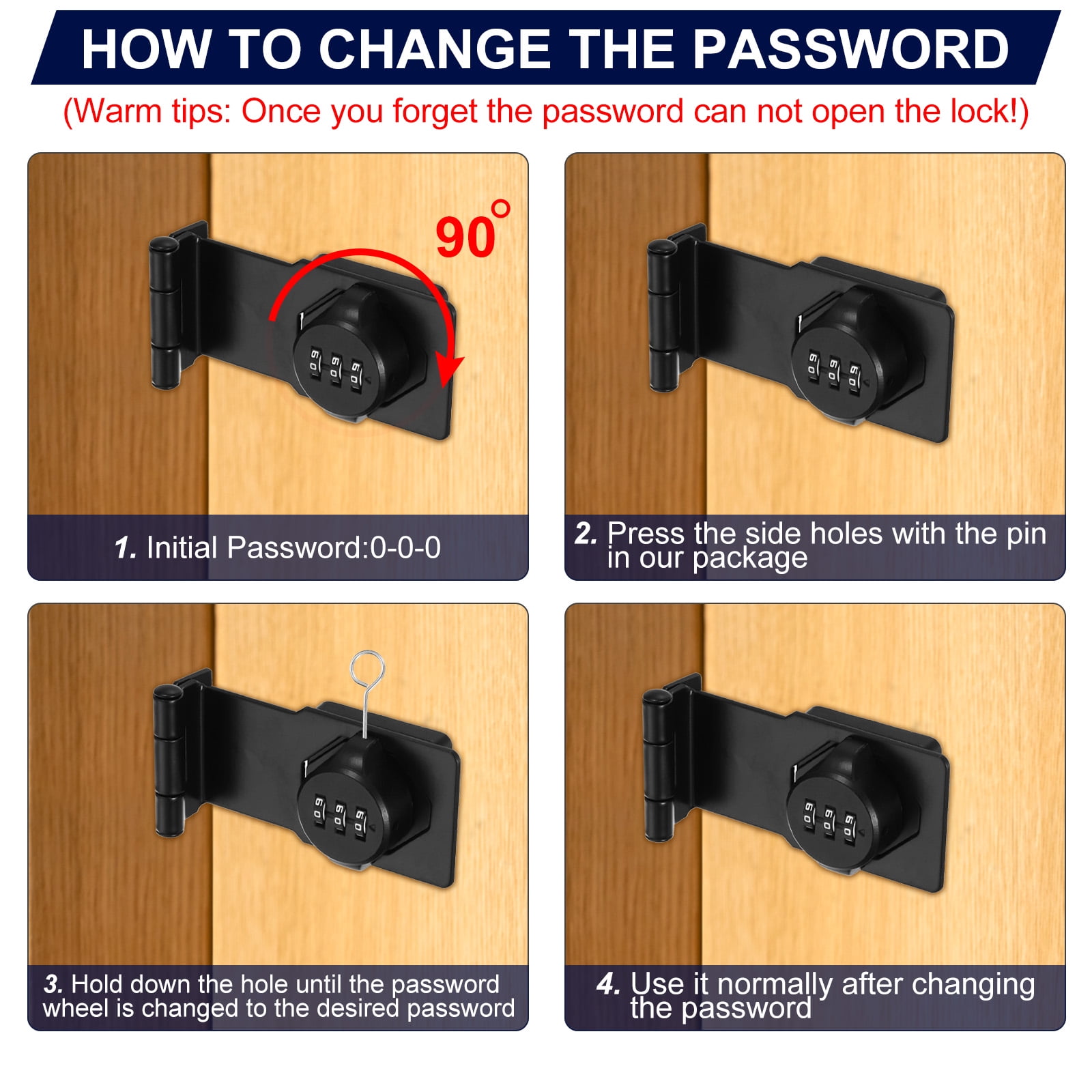 Uxcell Cabinet Password Hasp Lock 3-Digit 180 Degree Barn Door Lock Security Combination Latch Lock for Drawers Cabinet Black 3.5"