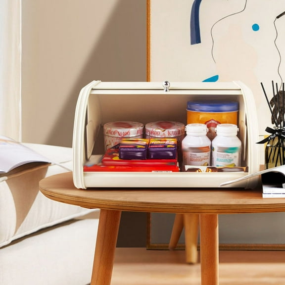 ELAYARD Vintage White Bread Box with Roll Top Lid Metal Bread Holder for Kitchen Counter