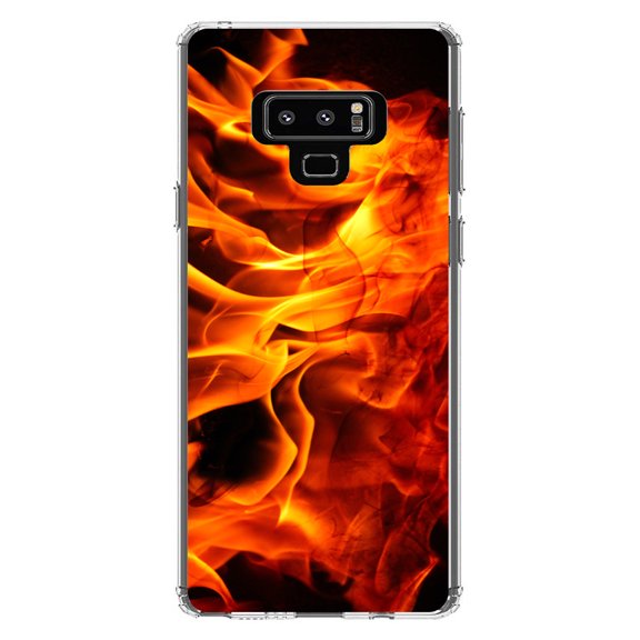 DistinctInk Clear Shockproof Hybrid Case for Samsung Galaxy Note 9 - TPU Bumper, Acrylic Back, Tempered Glass Screen Protector - Red Black Flame Fire - Printed Image of Fire