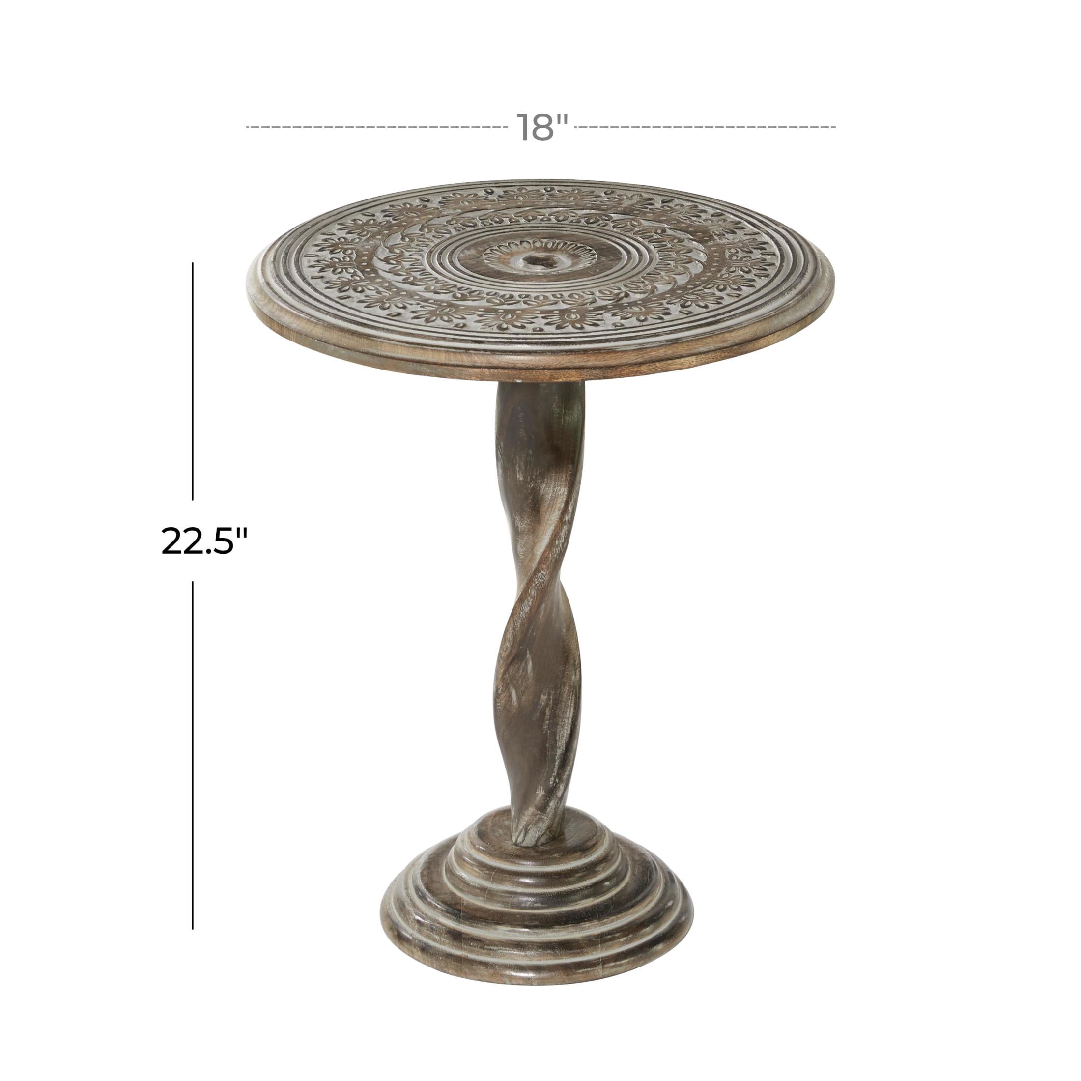 DecMode 18" x 22" Brown Mango Wood Handmade Intricately Carved Floral Accent Table with Spiral Pedestal, 1-Piece