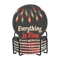 Yayeee 6 PCS Drink Coasters with Holder Set Woven Absorbent Round Tabletop Hot Pad, Black Christmas Light