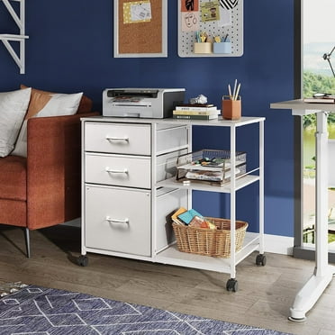 White 3-Drawer Mobile File Cabinet: Rolling Printer Stand with Open Shelf, A4/Letter Size Compatible