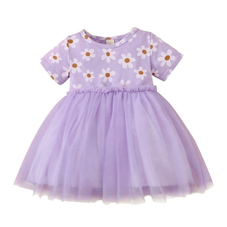 

XINSHIDE Toddler Girls Dresses Short Sleeve Dresses Kids Cartoon Dinosaur Floral Printed Tulle Princess Dress Baby Girl Clothes
