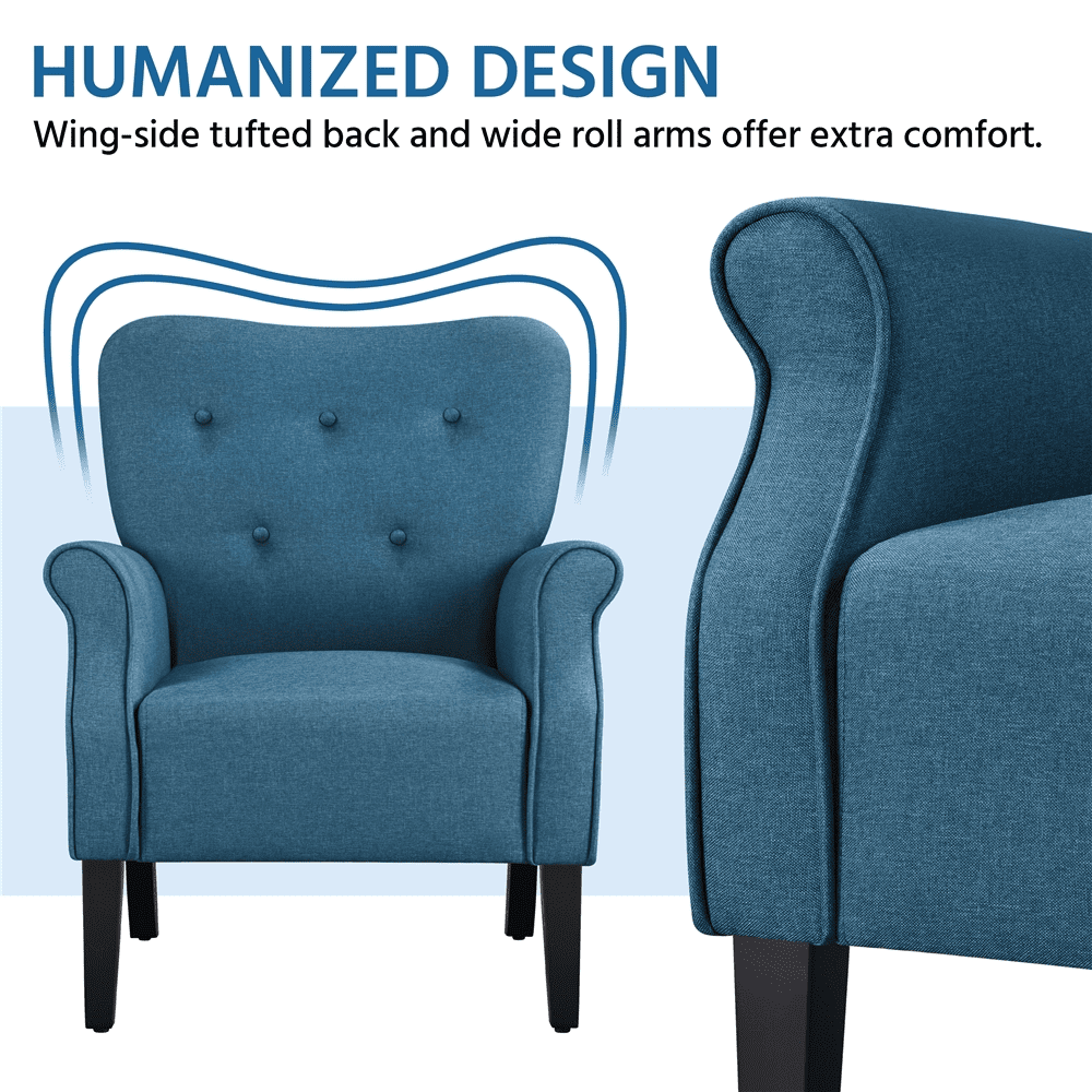Alden Design Modern Upholstered Fabric Accent Chair with Wooden Legs for Living Room, Navy Blue