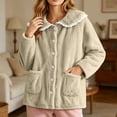 thumbnail image 2 of Ecqkame Women's Fuzzy Sleepwear Cardigan Winter Thick Long Sleeve Button Open Front Pajamas Home Loungewear Sleep Top with Pockets Beige L, 2 of 7