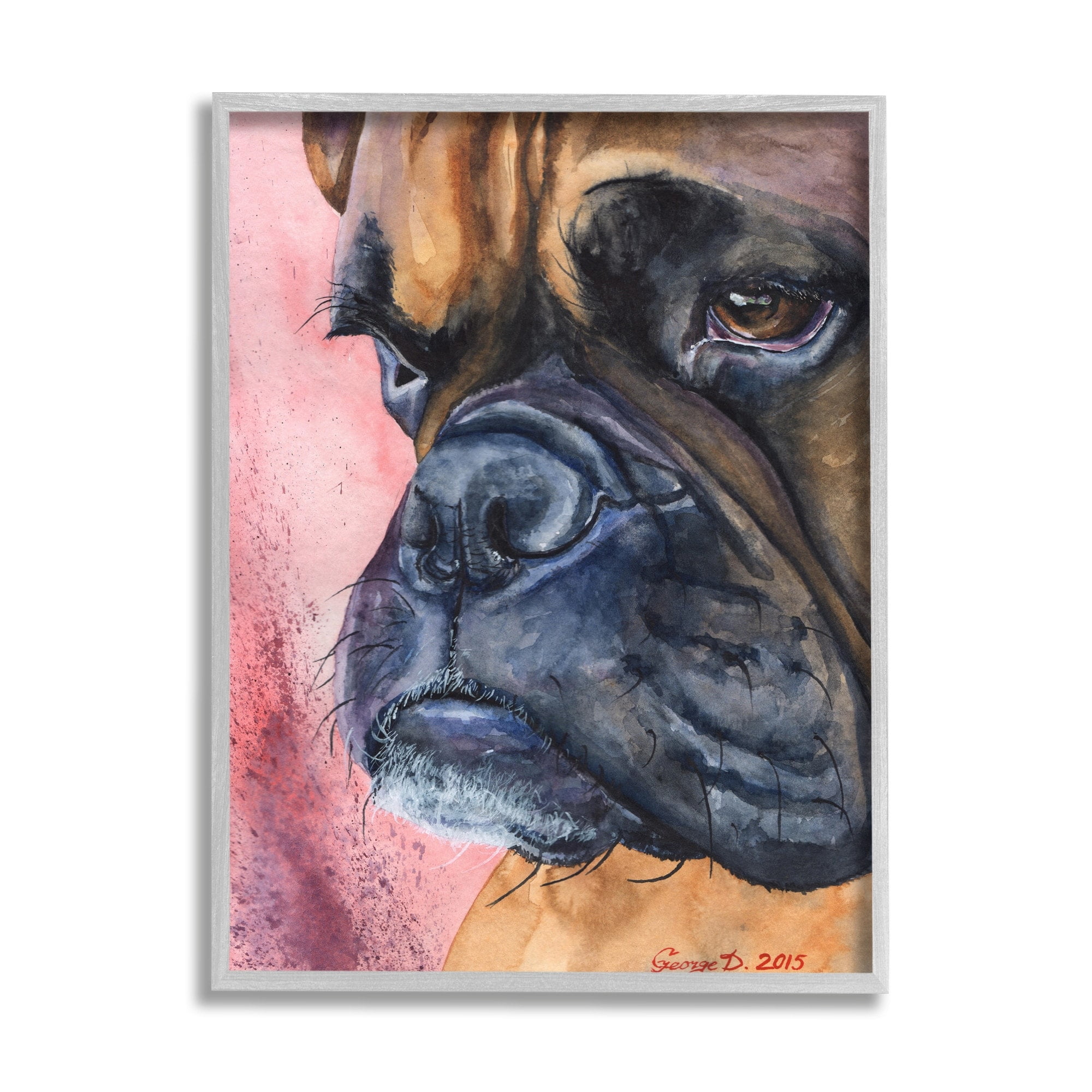 Stupell Industries Pensive Boxer Dog Pet Portrait Brown Pink Black Framed, 24 x 30, Design by George Dyachenko