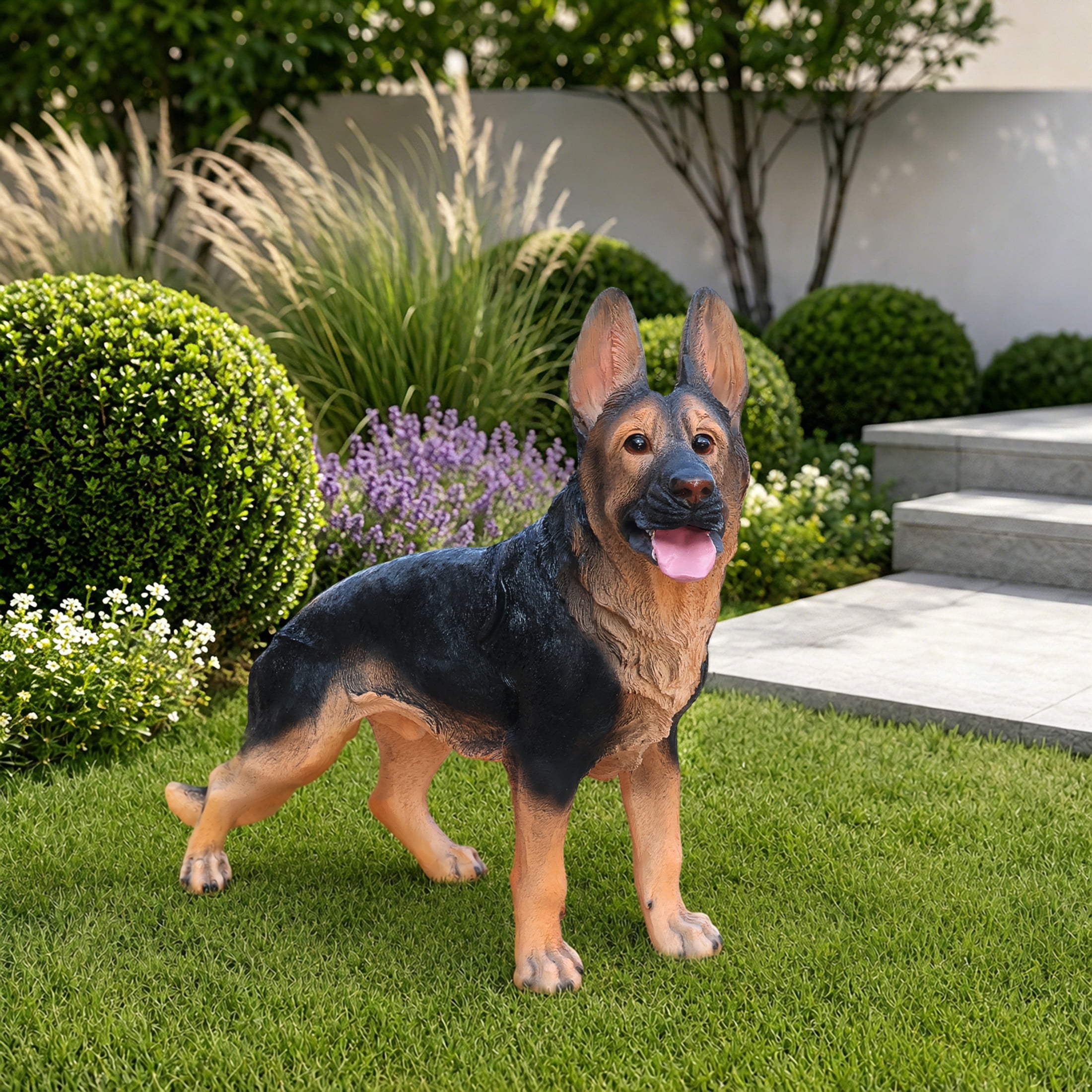 Noble House Lifelike Standing German Shepherd Dog Statue, Realistic Resin Animal Figurine for Outdoor Garden Decor, Black Brown