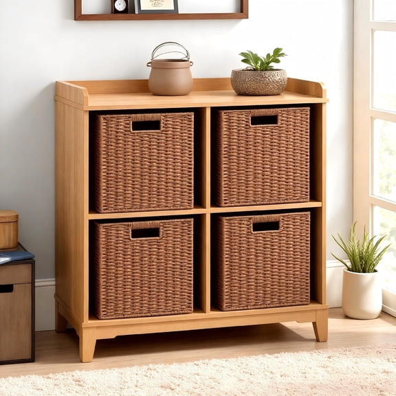 4 Pack Wicker Basket, 11L×11H×10.5W inch Woven Paper Rope Storage Baskets for shelves, Foldable Cube Storage bin with Handle, Storage Basket for Organizing & Decor, Caramel