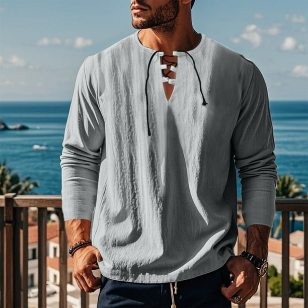 Blusas y camisas de manga larga con cuello redondo para hombre, informales, de color liso, con hombros descubiertos, rectas, con lazo en el pecho, cuello redondo, manga larga, blusas de licra.