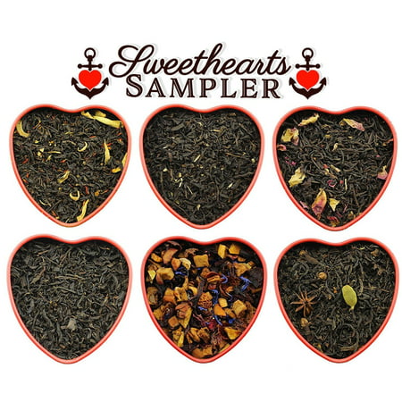 Sweetheart Loose Leaf Tea Sampler Assortment in Red Heart Tins w/ 6 Varieties of Tea Including Masala Chai, Vanilla Black Tea, Passion Peach Tea, Rose, Raspberry &