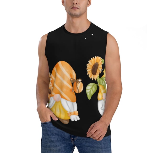 Fotbe Hello Spring Sunflower Gnomes Men's Camiseta sin Mangas Estampada para Hombres, Playera Casual para Gimnasio, Entrenamiento, Playa-Medium
