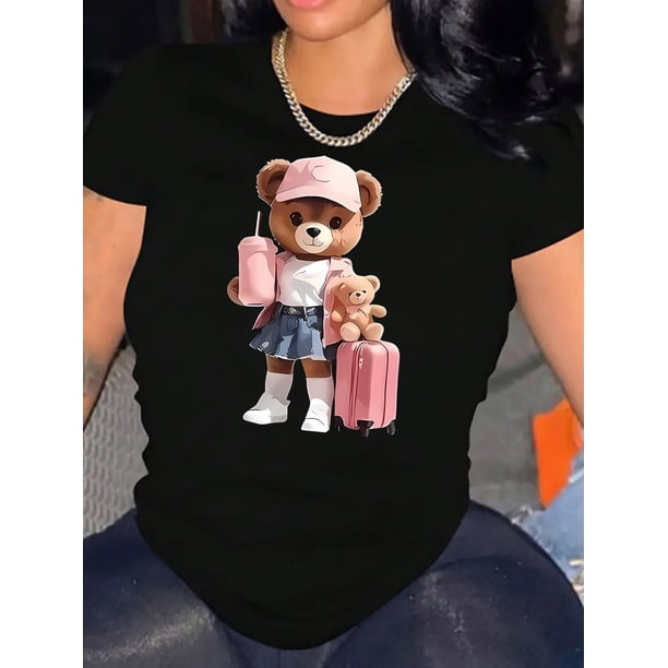 Women's Cute Pink Travel Bear Graphic Tee - Soft & Comfortable Casual Short Sleeve T-Shirt, Perfect for Summer Vacations & Casual Attire