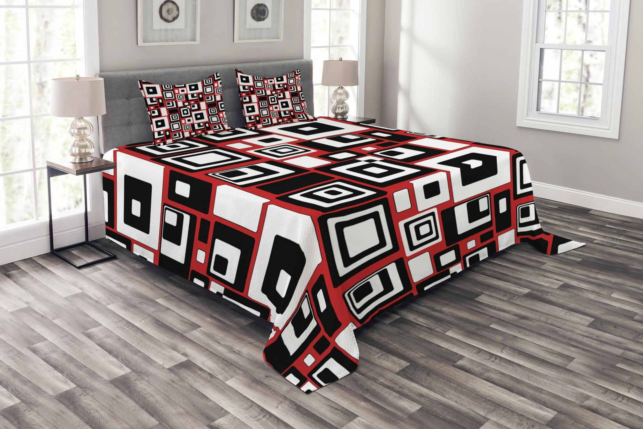 Abstract Bedspread Set King Size, Minimalist Geometric Figures Retro