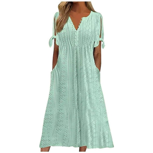 Vestido midi informal con cuello en V y pliegues para mujer - Vestido de poliéster de manga corta con encaje de colores lisos y patchwork para todas las estaciones