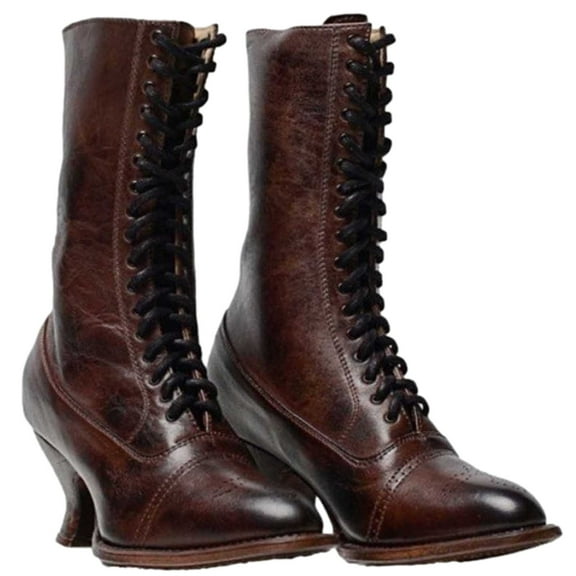 Puntoco Women'S Winter Boots Clearance,Women Pointed Toe Lace Spike Heels Punk Med Heels Ankle Boots Shoes Brown