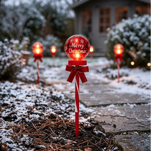 Solar Christmas Ball Garden Stake Light, Outdoor Xmas Solar Globe Stake Lamp, Energy Efficient LED Lighting for Patio, Garden and Winter Outdoor Display (Bow)