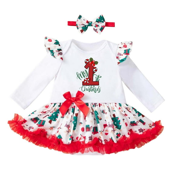 FYDUU Baby Girls Bodysuits Onesies One-Pieces Christmas Outfit Long Sleeve Cute Cartoon Print Romper Outfit With Headband Set Toddler Party Holiday Wear Adorable Comfort 9-12 Months