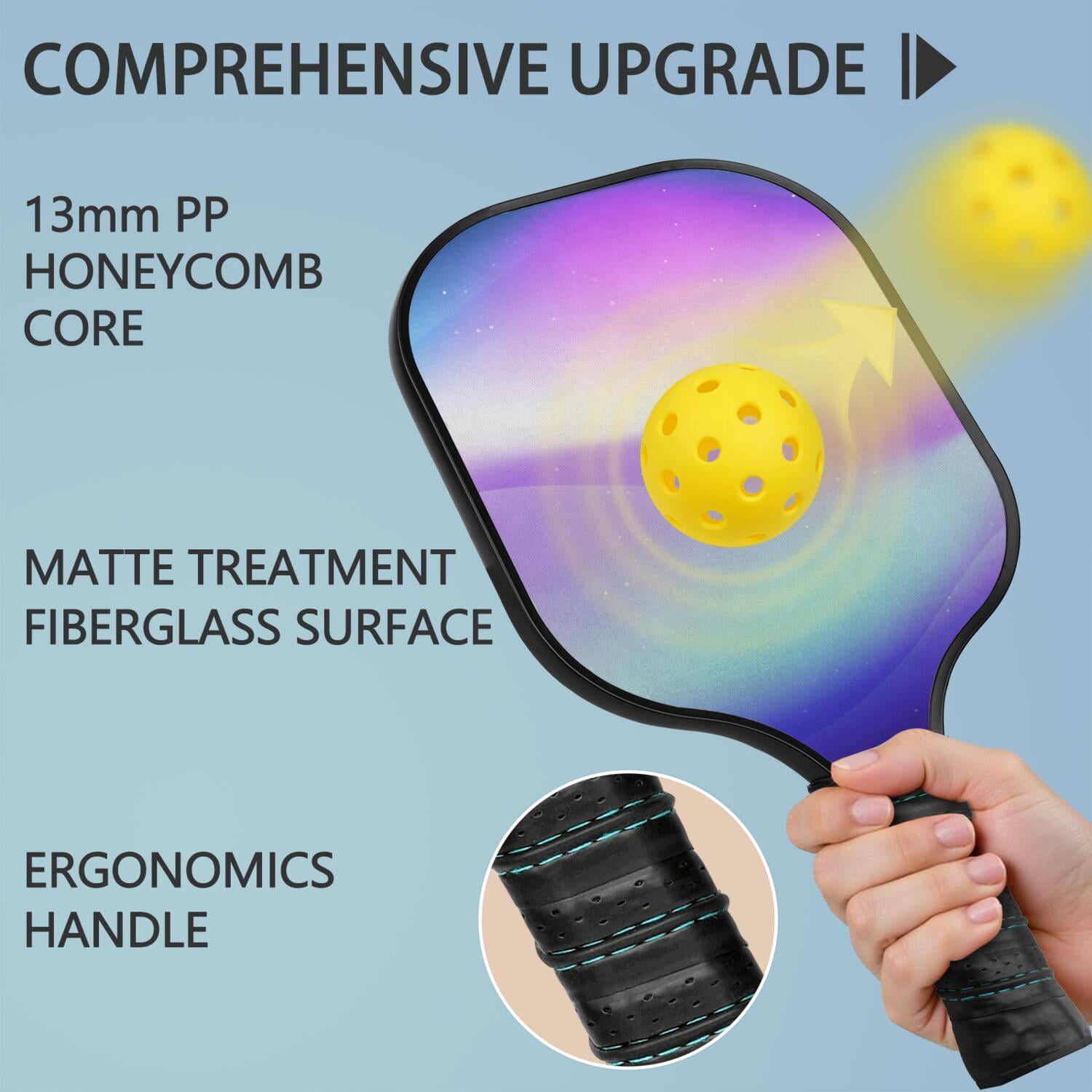 Pickleball Paddles Set Of 1, Fiberglass Surface, Fluid Smoke Aurora Art Style, 1 Paddle, 2 Balls & Bag