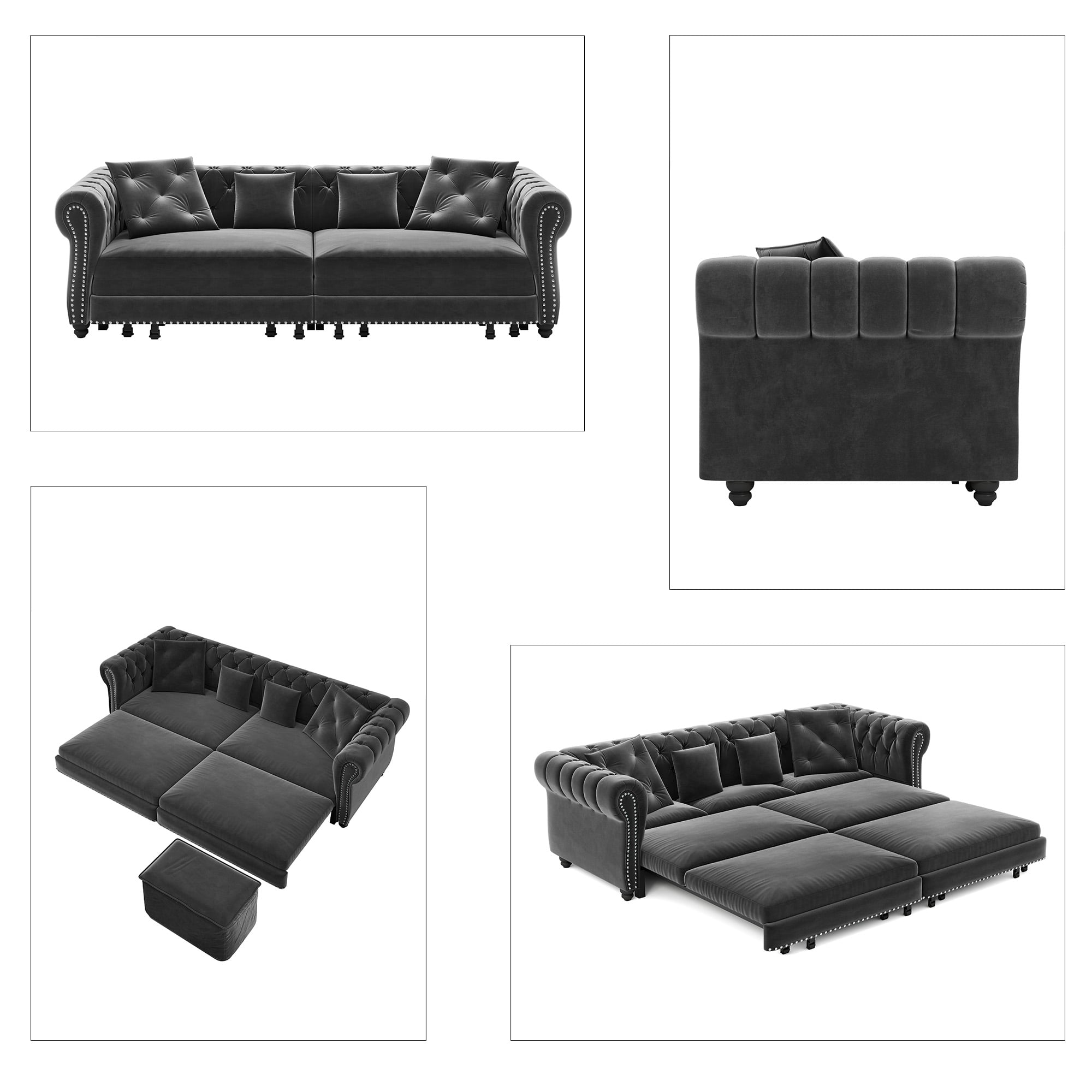 Firscook 89" Chesterfield King Size Pull Out Sofa Bed with Ottoman, Velvet Sleeper for Guest Room, Gray