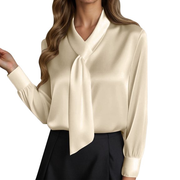 Womens Workout Tops Elegant Solid Color Blouse With Flowing Tie Long Sleeves Shirts