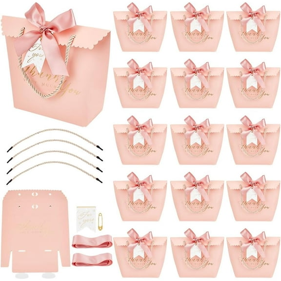 golden Stamping Thank You Paper Candy Gift Tote boxes with Ribbon bag Shape Pink 14.5x6.8x16cm