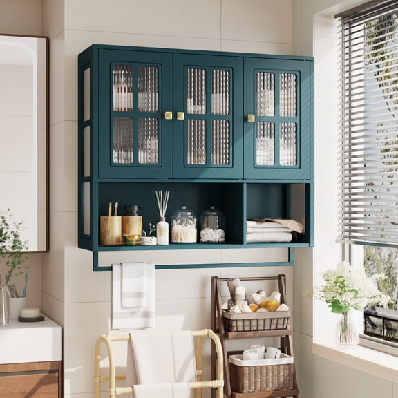 CQSXDA Dark Green 3-Door Wall Cabinet with Open and Hidden Storage Space, Wooden Medicine Cabinet for Bathroom and Living Room