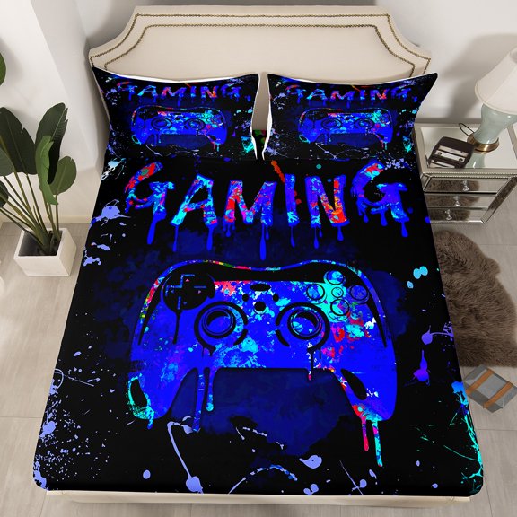 Erosebridal Twin Gamer Bedding Sets Gaming Fitted Sheet Teens Video Gamer Room Decor,Gamepad Controller Gamer Bed Sheets Black Royal Blue Tie Dye Bed Set