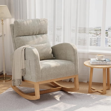 Linen Glider Rocker with Side Pocket and Pillow High Back Rocking Chair 300 lbs Capacity for Nursery Living Room Grey
