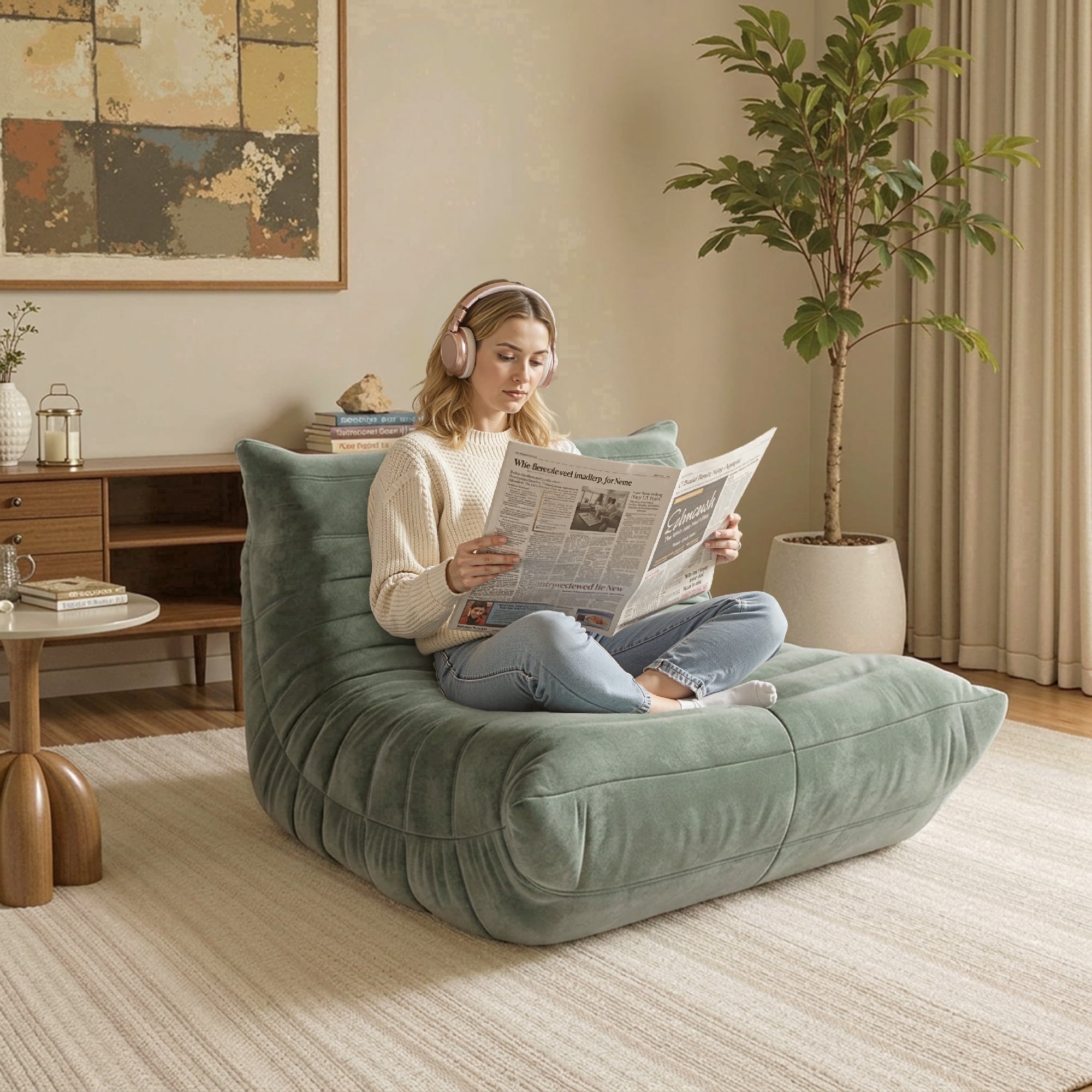 LineCrispton Memory Foam Bean Bag Chair for Adults, Luxury Fabric Compressed Sofa in a Box, Light Green, Single