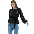 thumbnail image 2 of Women Sparkly Shimmer Glitter Pullover Sweatshirt Long Sleeve Sequin Top With Belt, Black, Medium, 2 of 5