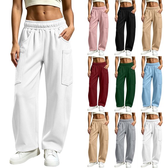 Smsaxvxz Sweatpants for Women Casual Wide Leg Outdoor Travel Climbing Pants with Multi Pockets White S