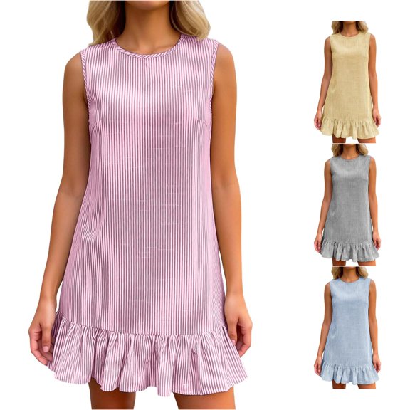 ZHOGXU Womens Summer Dresses Sleeveless Round Neck Striped Print A Line Elegant Relaxed Fit Dress For Casual Daily Wear,Red,Xxl