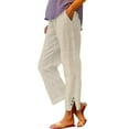thumbnail image 3 of Women's Cropped Wide Leg Pants with Button Detail and Pockets in Breathable Cotton Linen Striped Casual Trousers, 3 of 9