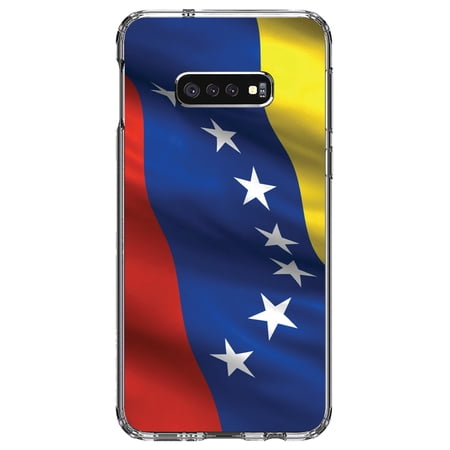 DistinctInk Clear Shockproof Hybrid Case for Samsung Galaxy S10e (5.8 Screen) - TPU Bumper Acrylic Back Tempered Glass Screen Protector - Venezuela Waving Flag Red Blue Yellow - Venezuela