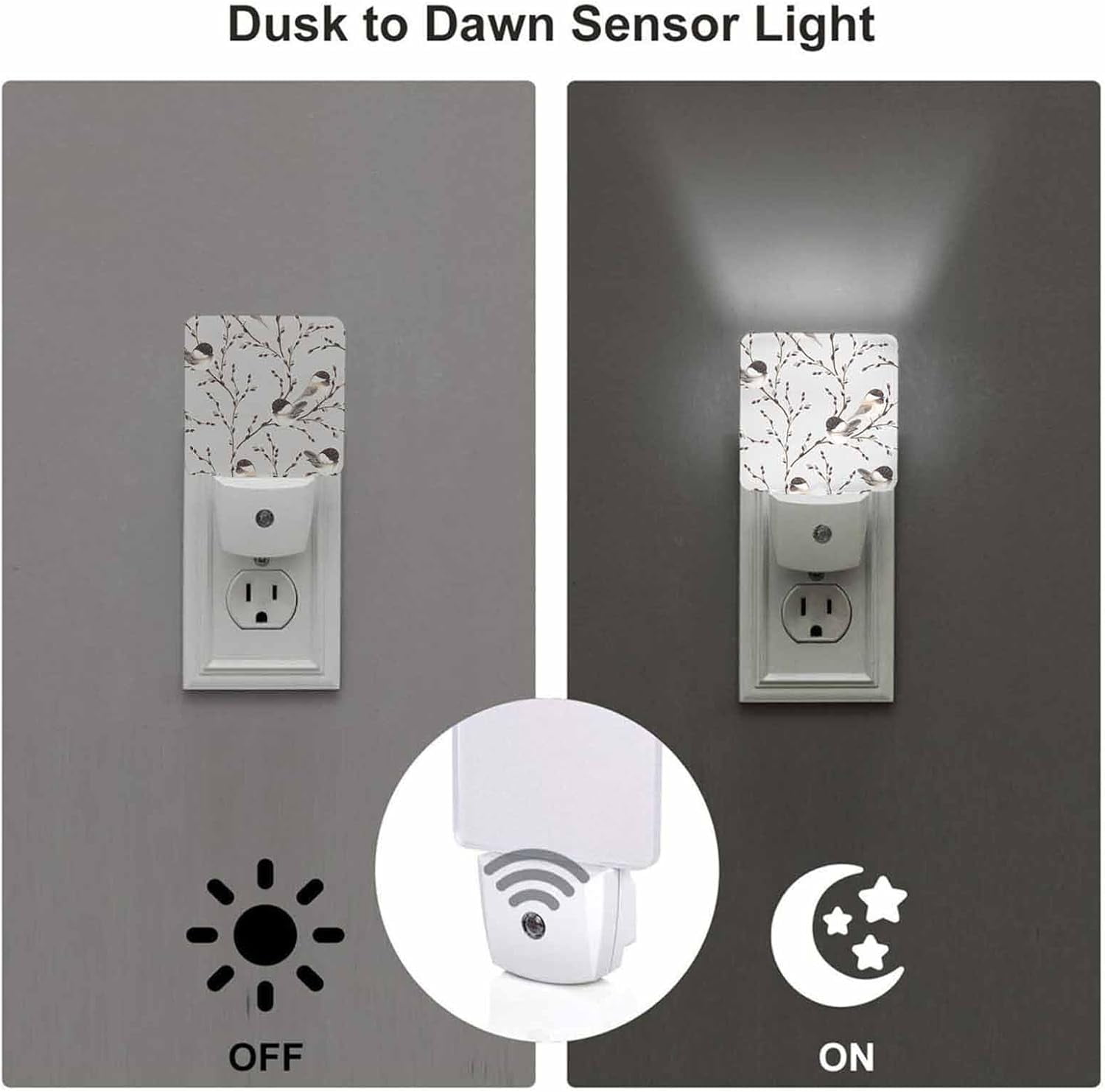 RGHJAR-LED Night Light,Willow Branches Black-Capped Chickadee LED Night Light Plug into Wall with Dusk to Dawn Light Sensor White Energy Efficient Nightlight for Bedroom Hallway Living Room Kitchen